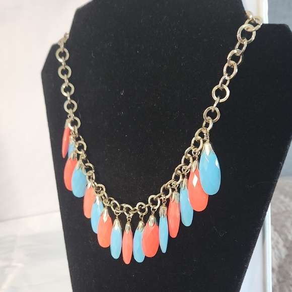 Colorful Teardrop Bead Statement Necklace – Coral & Turquoise - Picture 2 of 5